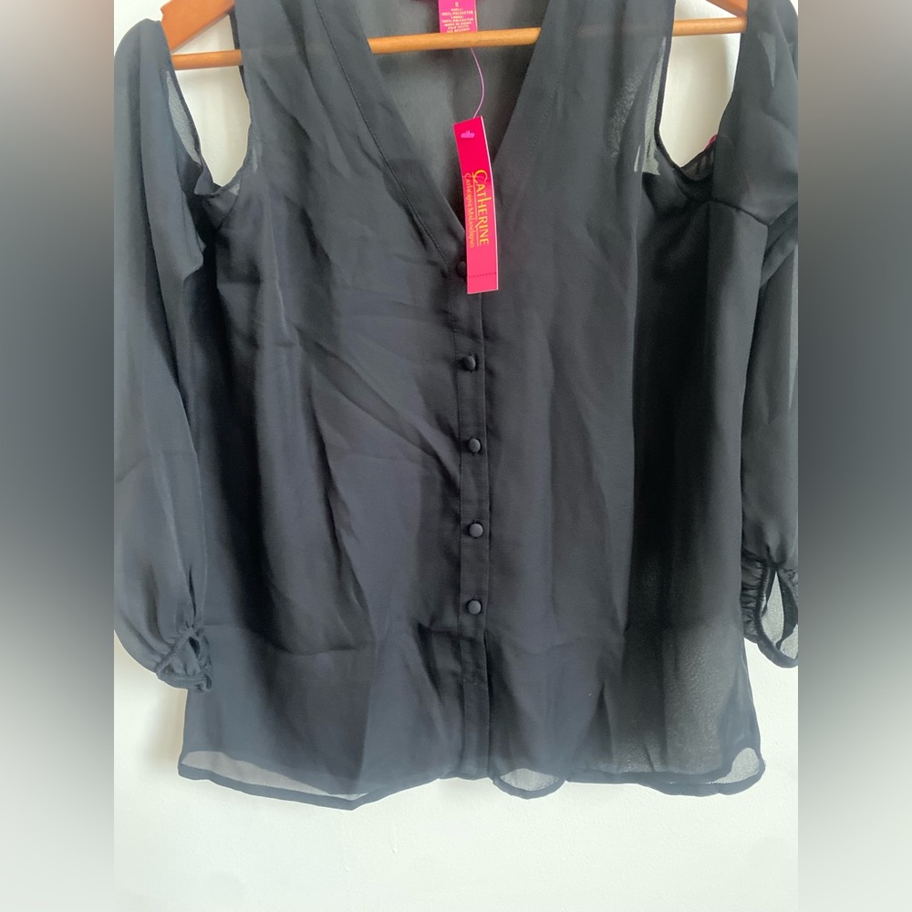 NWT Catherine Malandrino Black Sheer Cold Shoulder Blouse - Picture 5 of 5